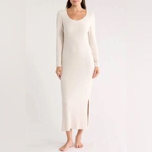 Elegant Women’s Ribbed Maxi Dress Long Sleeve Double Scoop Neck White S.